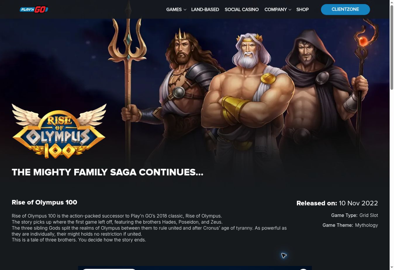 Δικό μας screenshot της επίσημης σελίδας Play'n GO με τα στοιχεία Rise of Olympus 100