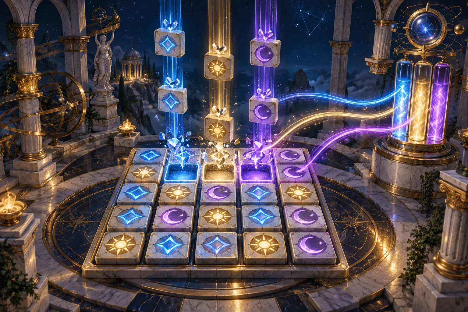 Πρωτότυπη editorial απεικόνιση cascade grid με τρεις ενεργειακές ροές